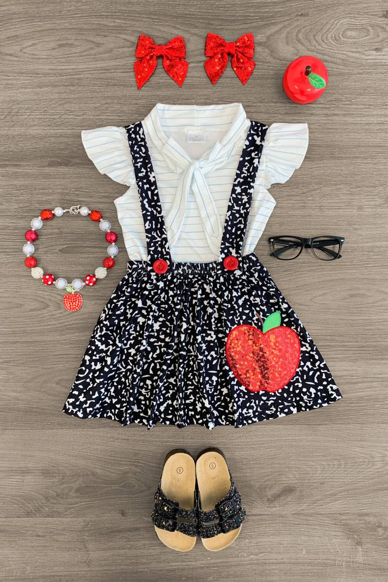 Sequin Apple Notebook Suspender Skirt Set | Sparkle In Pink