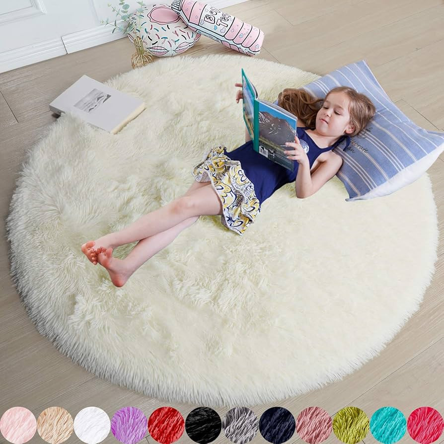 Amdrebio Ivory White Round Rug 4Ft for Kids Bedroom Aesthetic, Fluffy Fuzzy Furry Circle Area Rug... | Amazon (US)