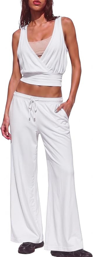 Gnveub Womens 2 Piece Sets Summer V Neck Sleeveless Top and Wide Leg Pants with Pockets | Amazon (US)