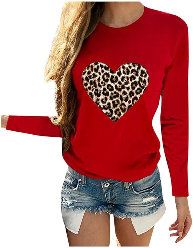 Womens Long Sleeve Graphic Tee Shirt Leopard Heart Shirts Valentine's Day Love Blouse T Shirt 202... | Amazon (US)