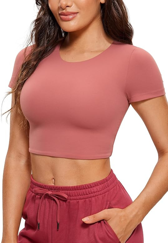 CRZ YOGA Womens Butterluxe Double Lined Short Sleeve Crop Tops Crew Neck Casual Workout T-Shirt C... | Amazon (US)