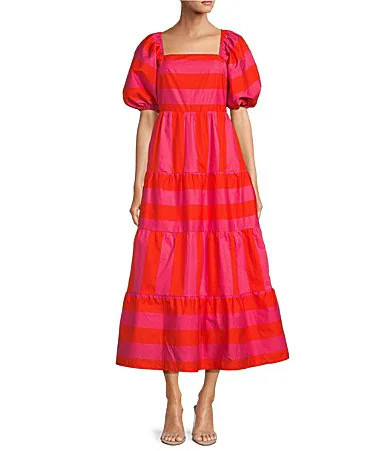 Sugarlips Azalea Poplin Stripe Print Square Neck Short Sleeve Maxi Dress - S | Dillard's