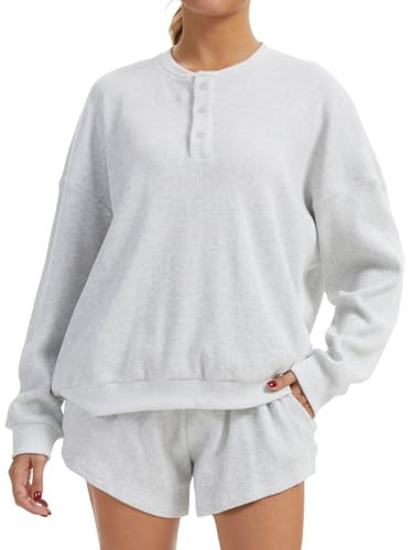 AnotherChill Women's Oversized Waffle Knit Lounge Set Long Sleeve Sweatshirt and High Waisted Shorts 2 Piece Casual Outfit (Light-Grey, Medium) | Amazon (US)