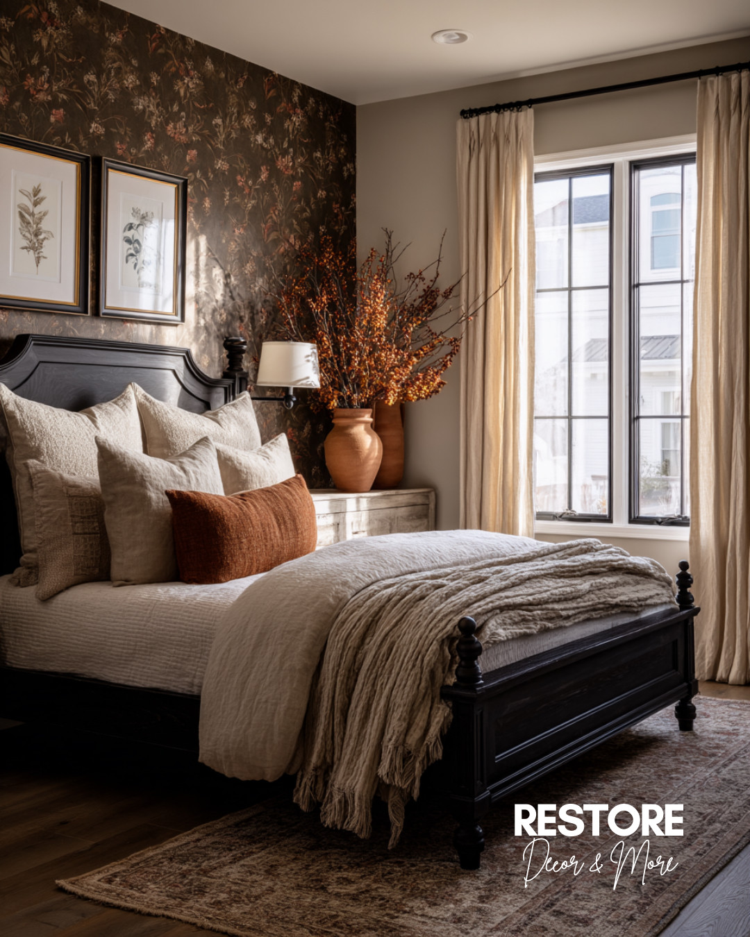 Cozy up in this warm and moody fall bedroom 🍂🖤 The dark floral wallpaper, black spindle bed, and layered neutral bedding set the tone for a timeless and inviting space. Earthy rust tones, oversized terracotta vases, and textured throws add rich dimension that feels perfect for autumn. Want the look? Shop fall bedding, traditional rugs, moody bedroom wallpaper, botanical wall art, and more cozy bedroom must-haves below 🛏️✨
.
.
.
#moodybedroom #fallbedroomdecor #blackbedframe #botanicalwallpaper #cozybedroomvibes #bedroominspo #fallbedroomaesthetic #modernfarmhousebedroom #earthytonebedroom #bedroomstyling #bedroomdesignideas #blackbedroomfurniture #neutralbedding #ltkhome #ltkbedroom #bedroomgoals #interiorstyling #cozyfallhome #bedroomwallart #moodyfallvibes #bedroomrefresh #traditionalrug #spindlebed #fallhomedecor  

 #LTKHome #LTKFindsUnder100