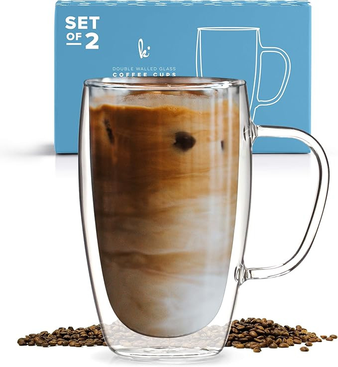 Coffee or Tea Glass Mugs Set of 2,15oz Double Wall Thermo Insulated Cups with Handle, Latte Cappu... | Amazon (US)