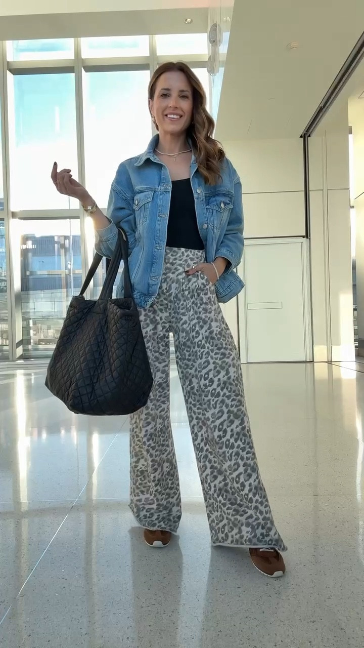 My travel outfit of the day! Leopard trouser style sweatpants in XXS regular. Denim jacket in XXS petite. Tory Burch suede sneakers are SO comfy! I went up half a size! Fall outfit. Airport outfit. MZ Wallace quilted travel tote. 


#LTKSeasonal #LTKootd #LTKTravel