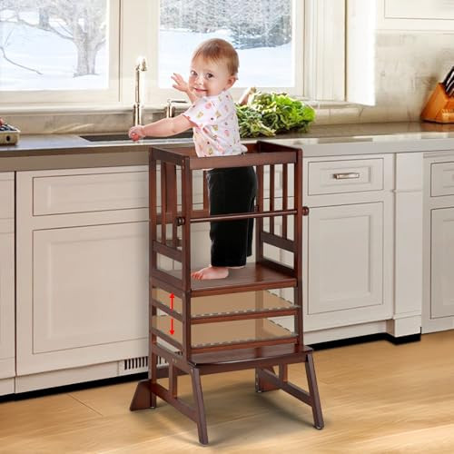 COSYLAND Toddler Standing Tower - Adjustable Height Toddler Kitchen Stool Helper - Kids Kitchen Step Stool for Learning with Removable Safety Railing Brown | Amazon (US)