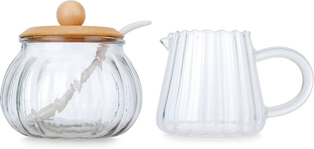3 Piece Glass Sugar And Creamer Set, Kitchenexus Sugar Bowl With Lid And Spoon And Cream Pitcher... | Amazon (US)