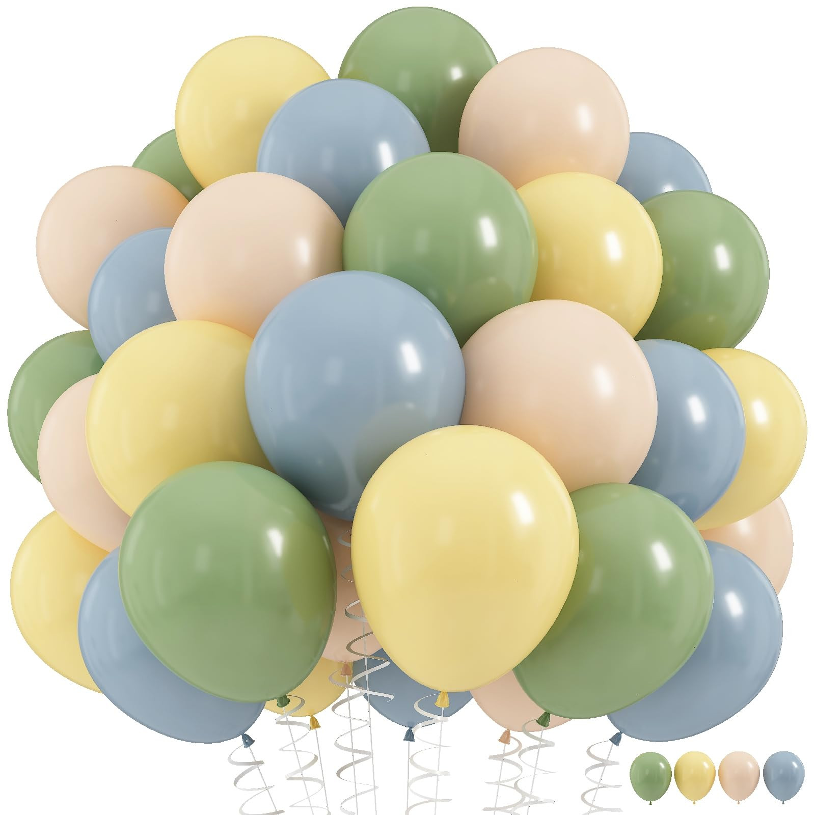 Sage Green Dusty Blue Yellow Balloons Set, 60Pcs 12 Inch Olive Green Macaron Yellow Slate Blue Wh... | Amazon (US)