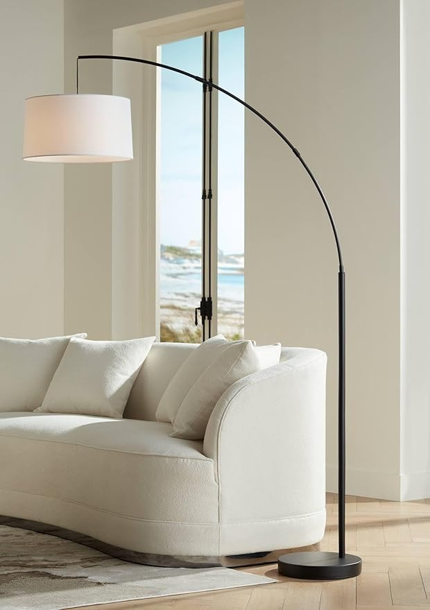 360 Lighting Cora Mid Century Modern Arc Floor Lamp 72" Tall Black Metal White Linen Fabric Drum ... | Amazon (US)