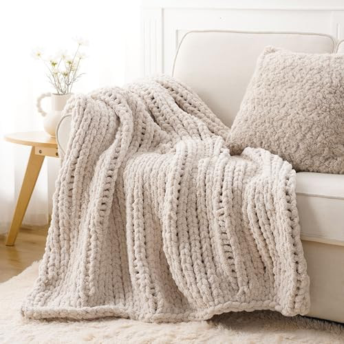 Battilo Beige Chunky Knit Throw Blanket, Soft and Thick Cream Chenille Throw Blanket, 50"x60" Handmade Cable Knit Crochet Blanket, Cozy Knot Knitted Throw Blankets for Couch Home Decor, Taupe | Amazon (US)