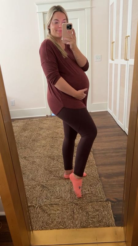 GREAT maternity find! I’ve been on the hunt for just a couple ‘fall/winter’ esk leggings to feel seasonal in these last few weeks of pregnancy, and these Old Navy maternity leggings are IT 👏🏻 wouldn’t say they’re *quite* as soft as Aligns, but pretty darn comfy! Great for walks, workouts + lounging. I size up to a Medium in both top + bottom #LTKBump 