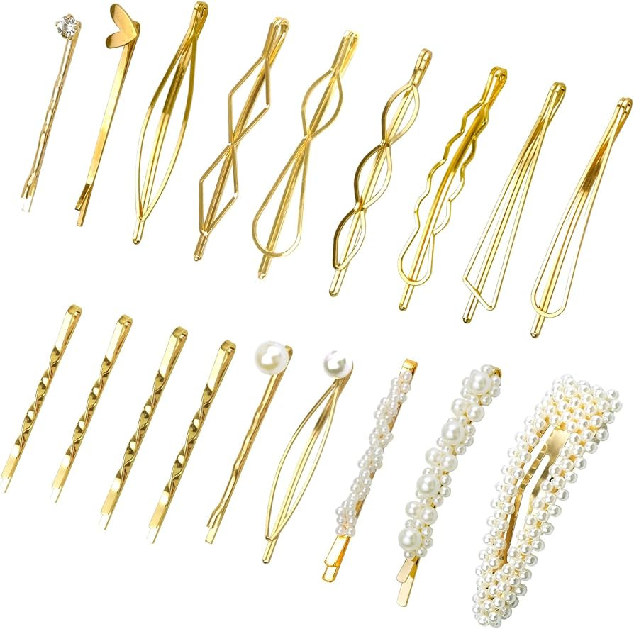 18 Pcs Pearl Hair Clips Gold Geometric Clips Bobby Pin Hair Barrettes Metal Hair Styling Pins Min... | Amazon (US)