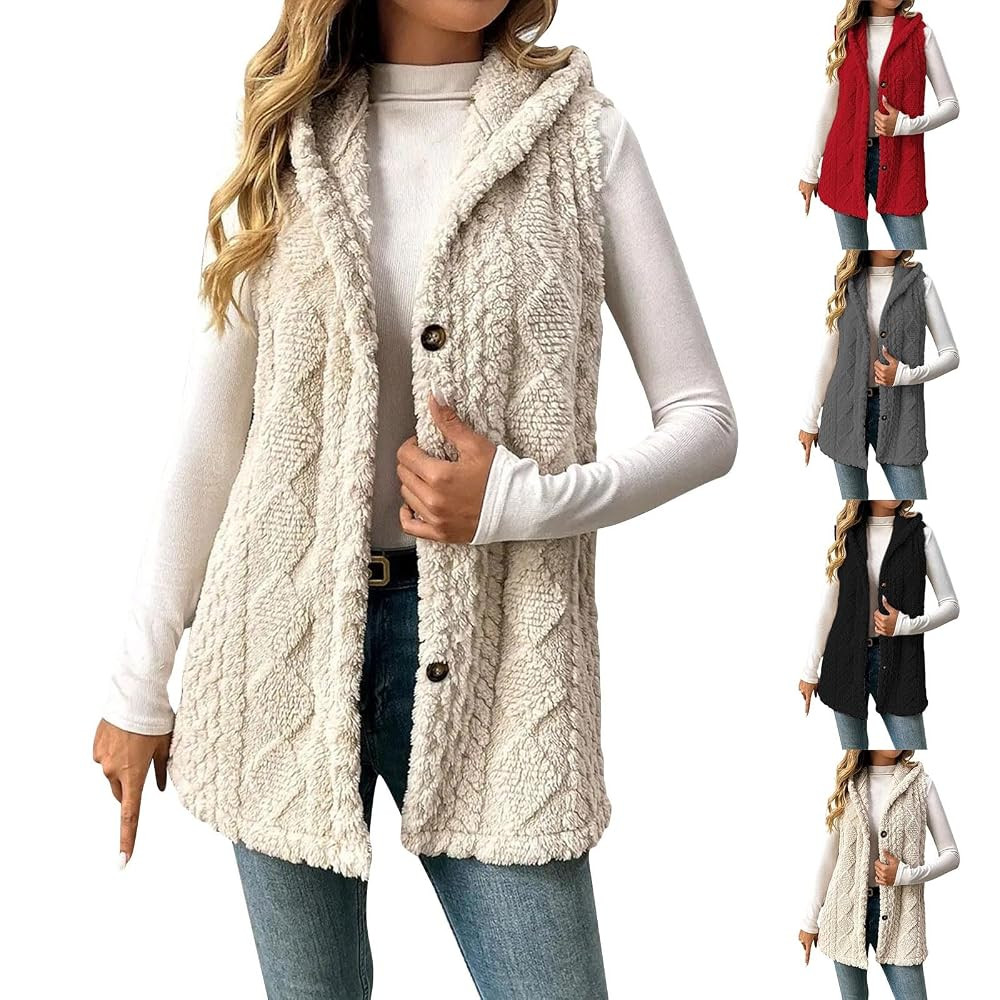 Womens Sherpa Vest with Hood - 2025 Winter Fleece Button Up Long Vest Jackets Warm Lightweight Fa... | Amazon (US)