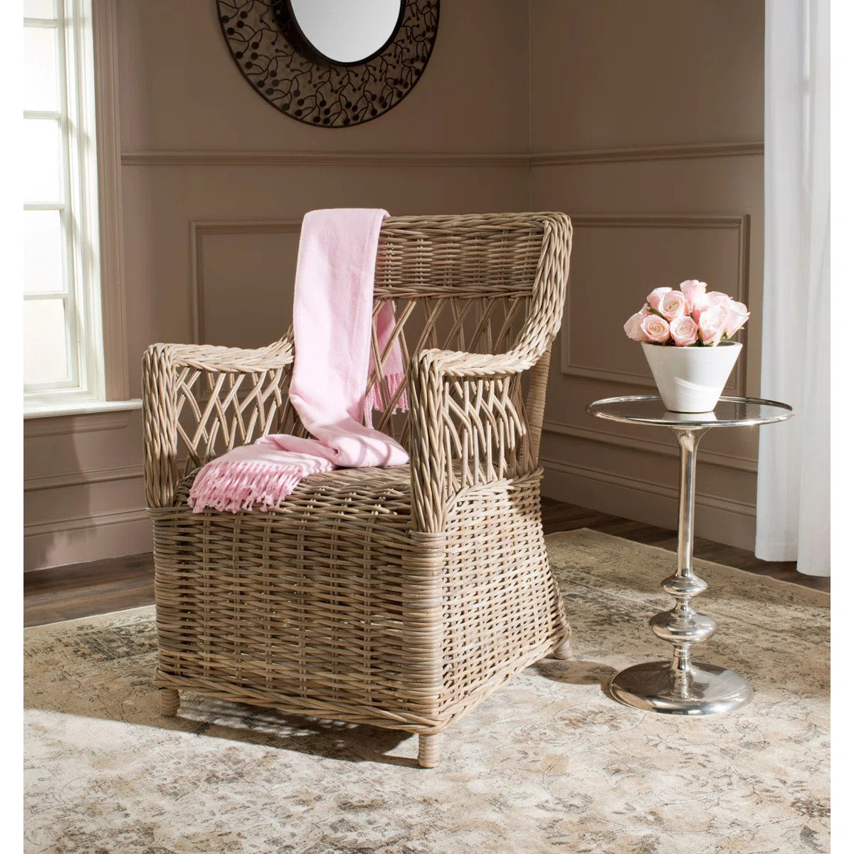 Modern Sephina Upholstered Armchair \u2013Classic Gray Rattan Soft Chair with Open Lattice Weave ... | Wayfair North America