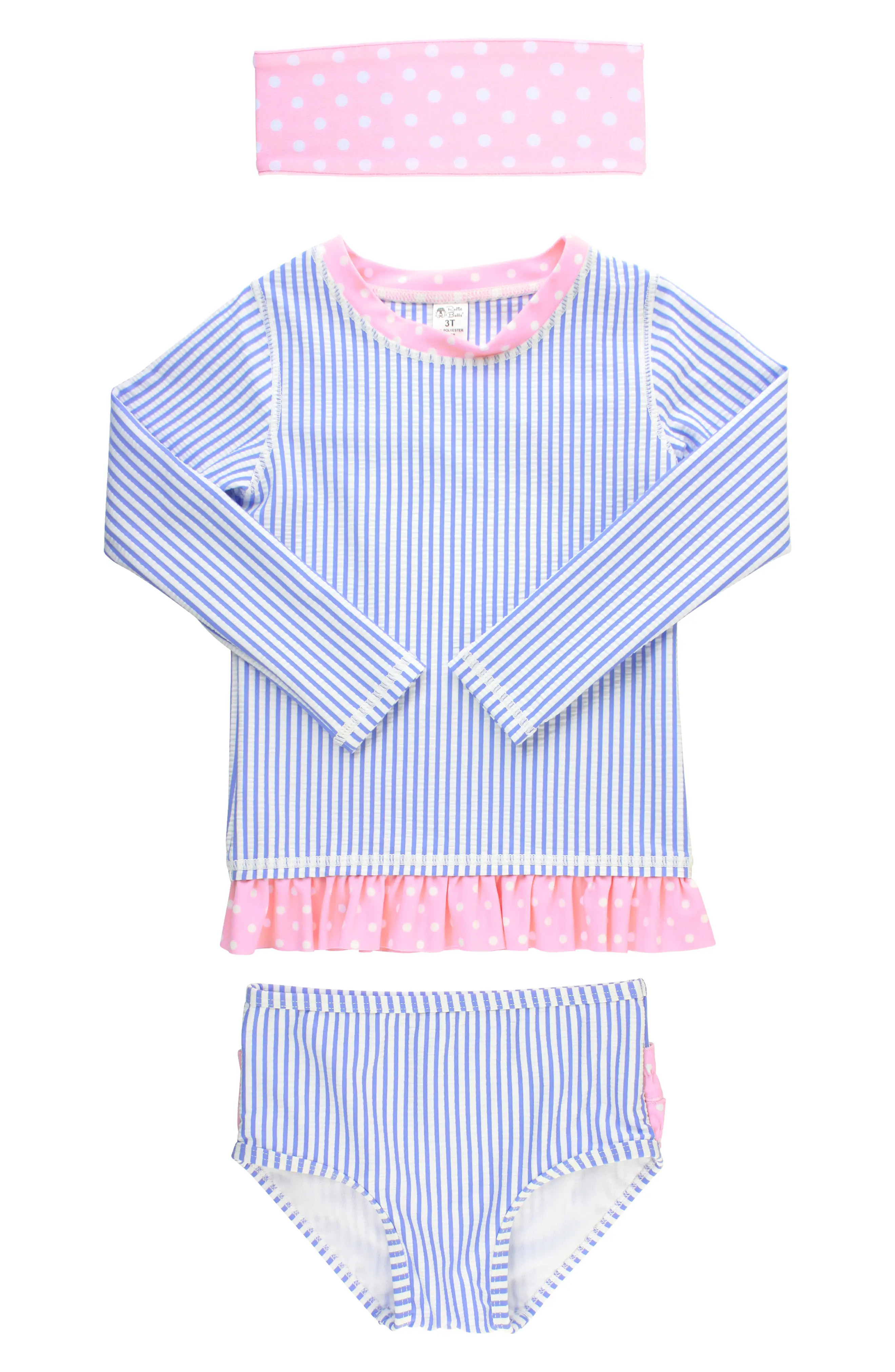 Toddler Girl's Rufflebutts Seersucker Two-Piece Rashguard Swimsuit & Head Wrap Set, Size 4T - Blue | Nordstrom