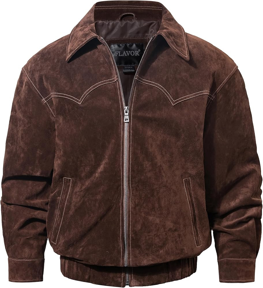 FLAVOR Men Genuine Leather Bomber Jacket Casual Fall Winter Jacket Brown | Amazon (US)