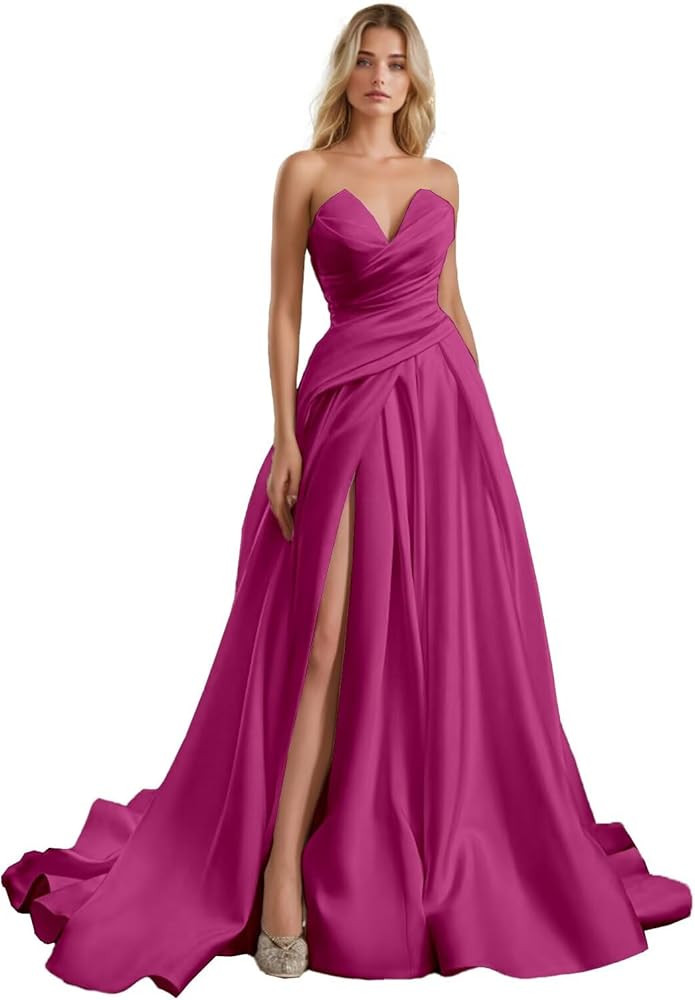 Strapless Satin Prom Dress 2026 Ruffle Ball Gown with High Split Elegant A Line Wedding Dresses w... | Amazon (US)