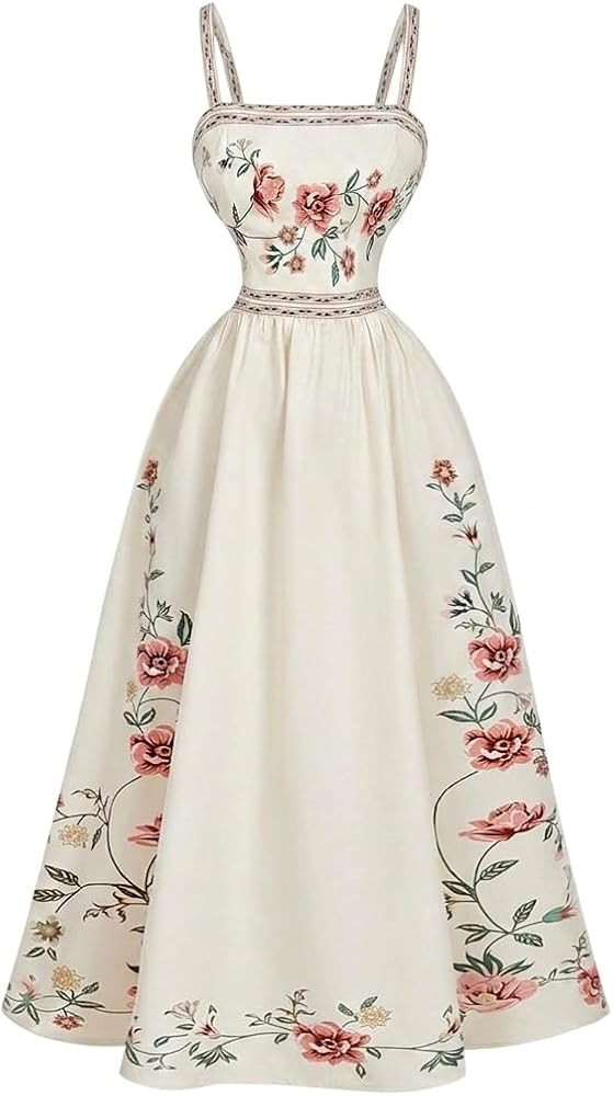 Narecte Floral Dress for Women A Line Midi Dress Sleeveless Spaghetti Strap High Waist Boho Elega... | Amazon (US)