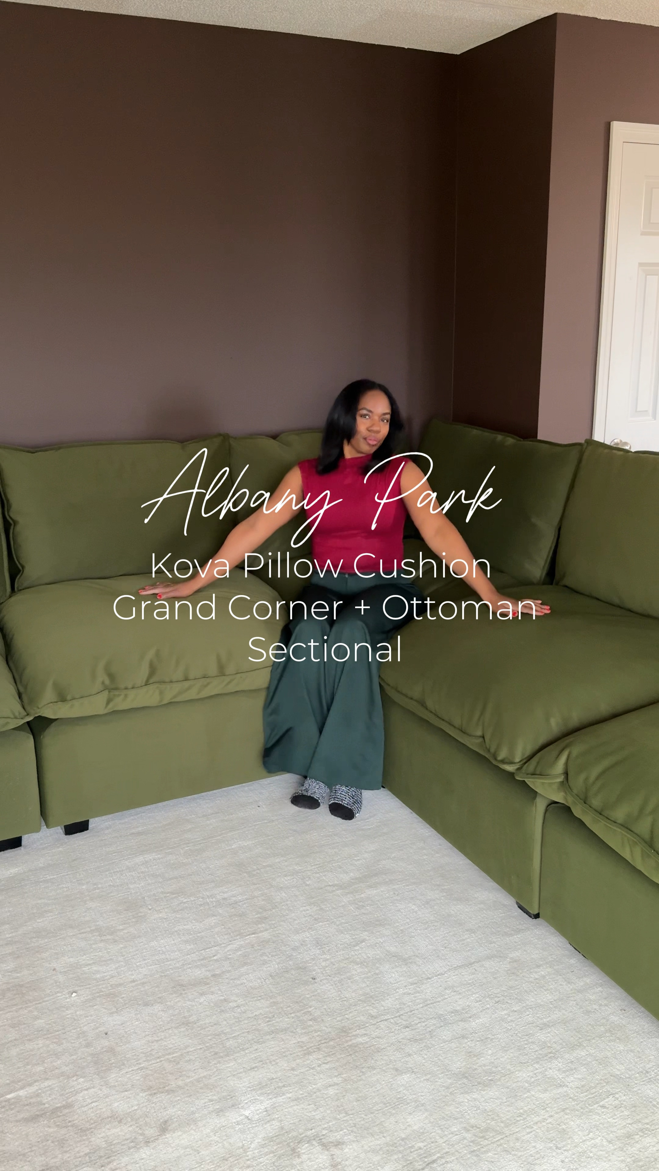 Hope y’all had a great Thanksgiving!🤎Couldn’t go today without posting about the Albany Park 40% off Black Friday sale—This Kova Grand Corner Sectional + Ottoman is literally HUGE—two people can fit on one cushion 😅  I got olive performance velvet. The quality is insane, so soft and fluffy, and it’s filled with hypoallergenic microfiber. You can customize it with either pillow or box cushions, and since it’s modular, you can configure it to fit your space perfectly. They also offer smaller sizes, along with a variety of colors and materials to choose from.” I’m already planning to rearrange my living room after Christmas to fit it all (there’s even another seat I didn’t add here)!”

#home #sectional #albanypark #couch #livingroom #olivesectional 

#LTKCyberWeek #LTKHome