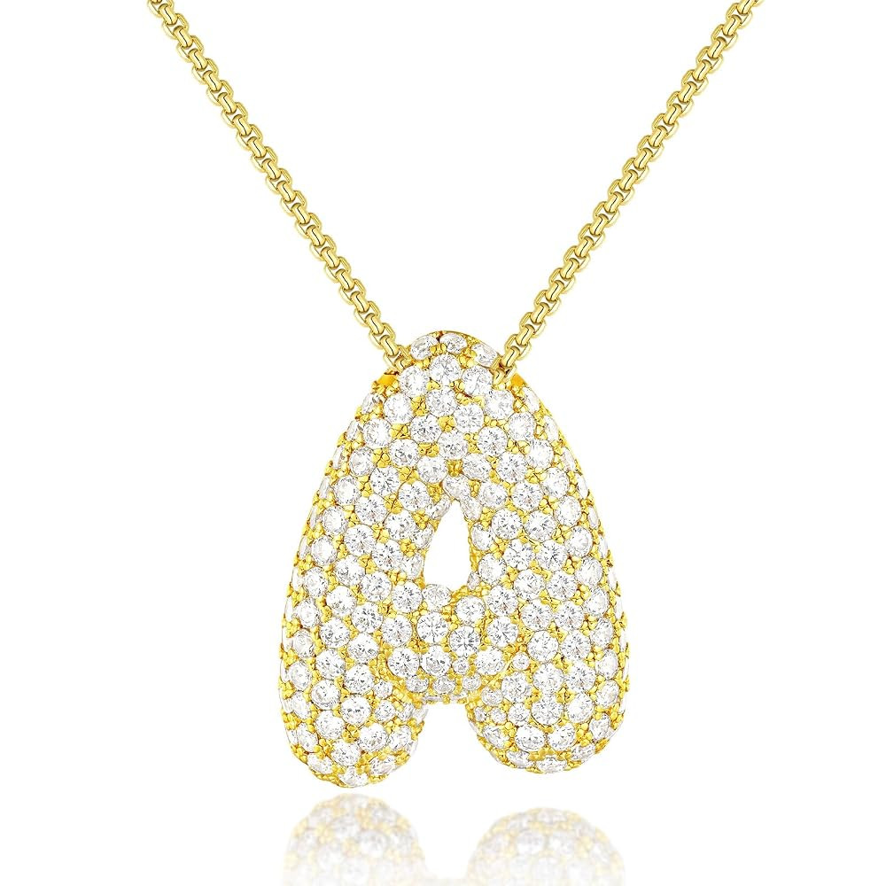 KissYan Bubble Letter Necklace, 14K Gold Plated Balloon Initial Pendant Box Chain Necklace Dainty... | Amazon (US)