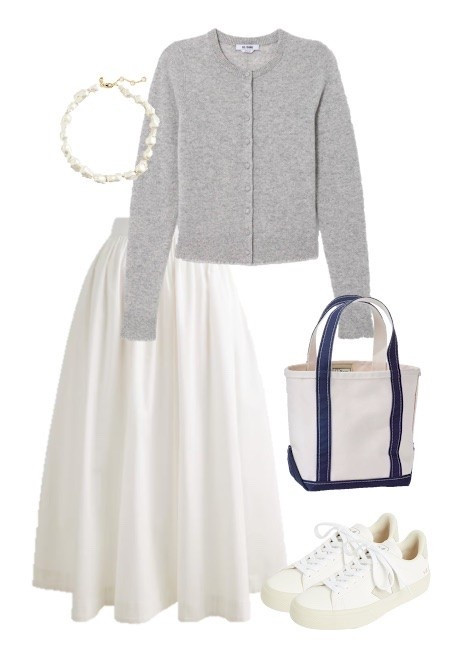 White maxi skirt outfit 
Preppy outfit 
White sneakers 
Pearl necklace
LL Bean boat and tote 
Gray cardigan

#LTKSeasonal #LTKSaleAlert