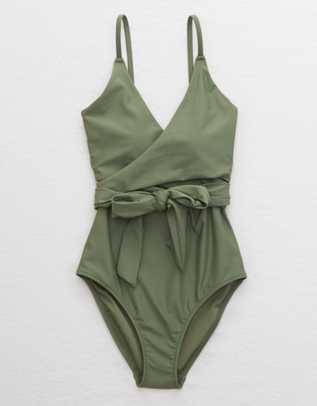 Aerie Wrap One Piece Swimsuit Women's Olive Fun L Long | American Eagle Outfitters (US & CA)