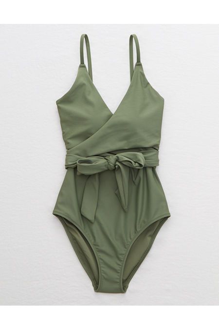 Aerie Wrap One Piece Swimsuit Women's Olive Fun L Long | American Eagle Outfitters (US & CA)