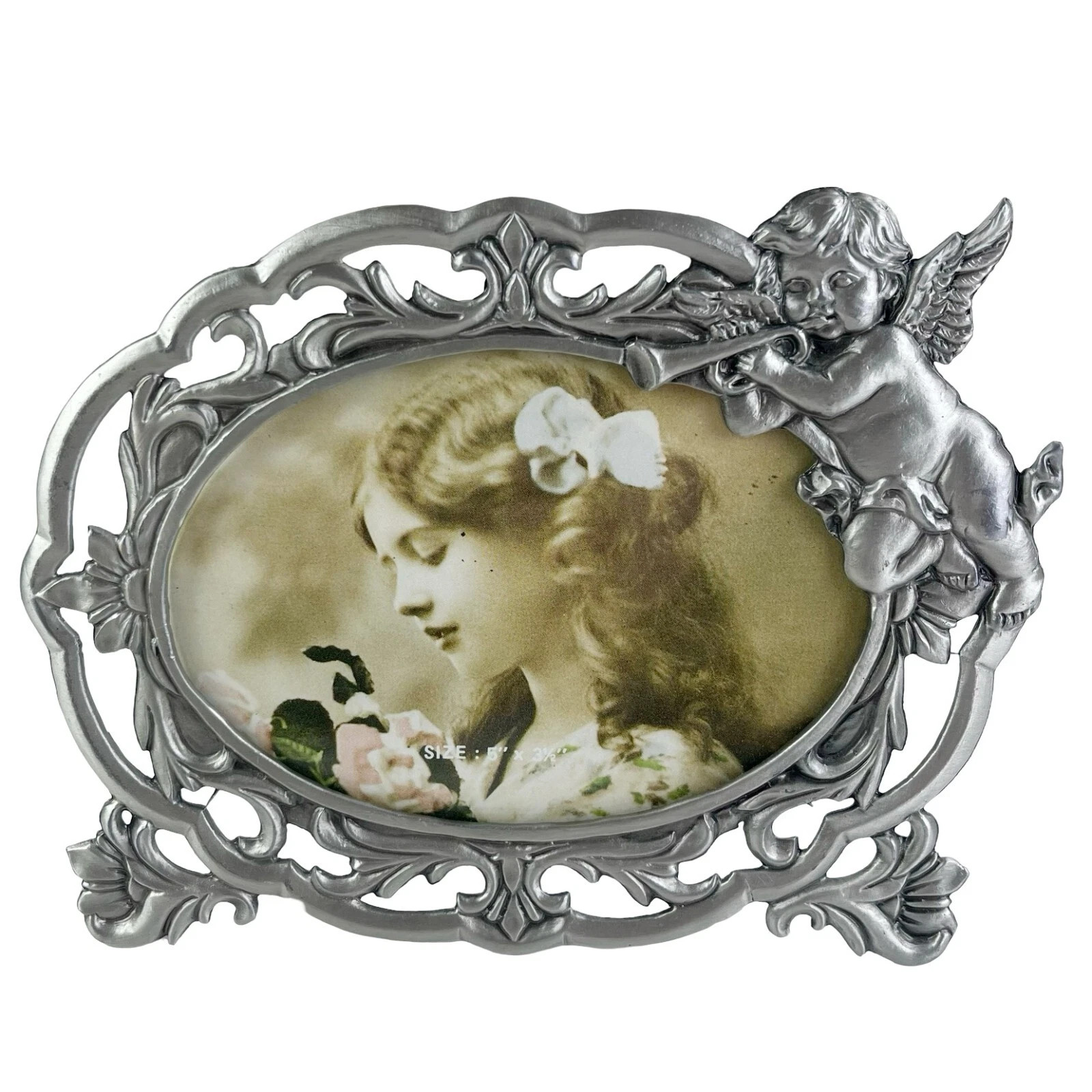 Vintage Pewter Cherub Photo Picture Frame Ornate Art Nouveau Angel Oval 3.5"x5" | eBay US