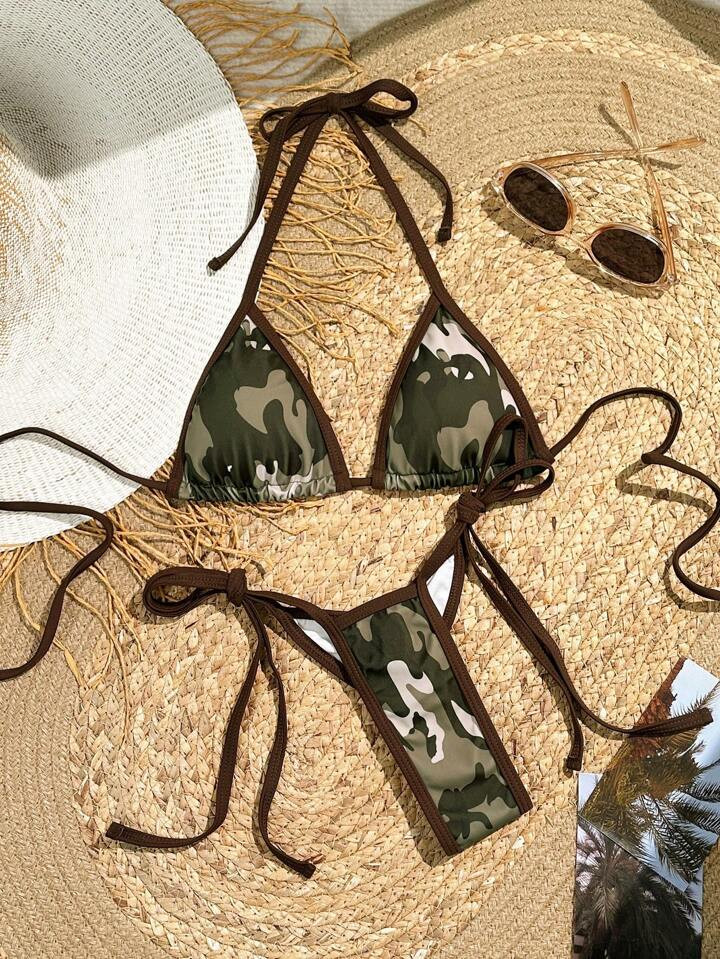 Swim Vcay Summer Beach Women's Camouflage Print Bikini Set With Shoulder Straps | SHEIN