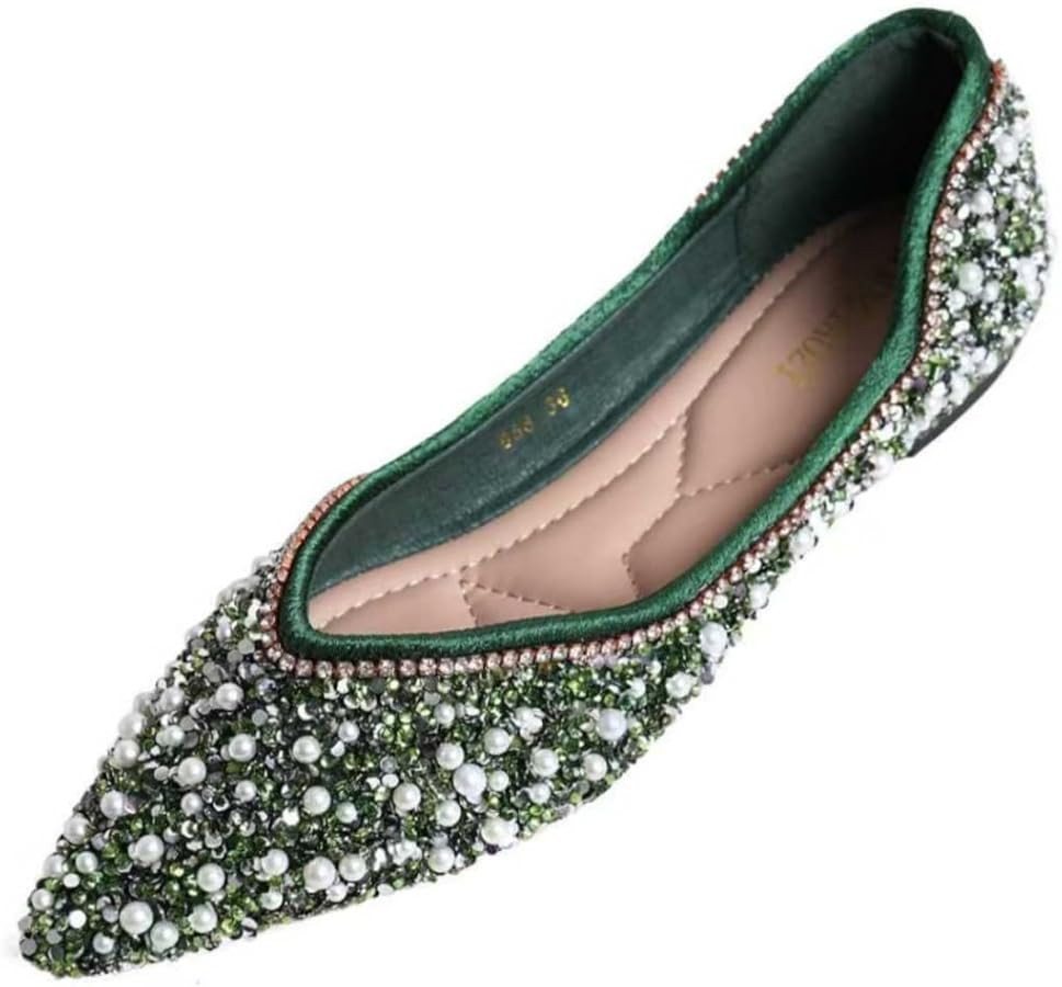 Women's Rhinestone Flats Fashion Pointed Toe Pearl Diamond Low Heel Dress Wedding Flats Work Busi... | Amazon (US)