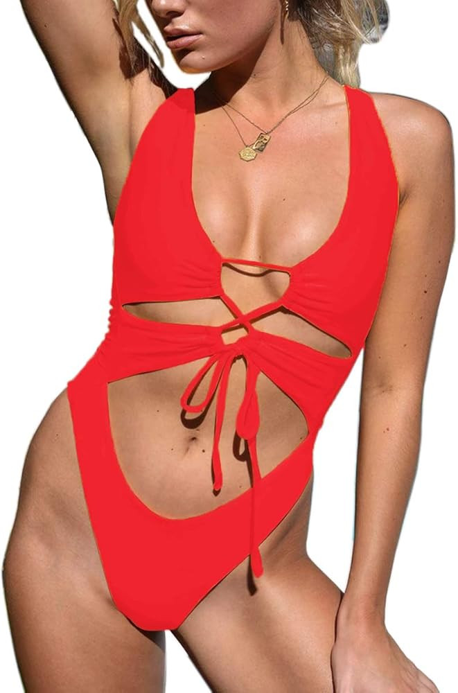 CHYRII Women's Sexy Cutout Lace Up Backless High Cut One Piece Swimsuit Monokini | Amazon (US)