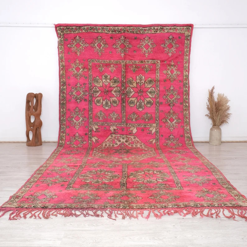 Vintage Boujaad Rug Authentic Pink Moroccan Rug Berber Wool Rug 7x13 Ft. - Etsy | Etsy (US)