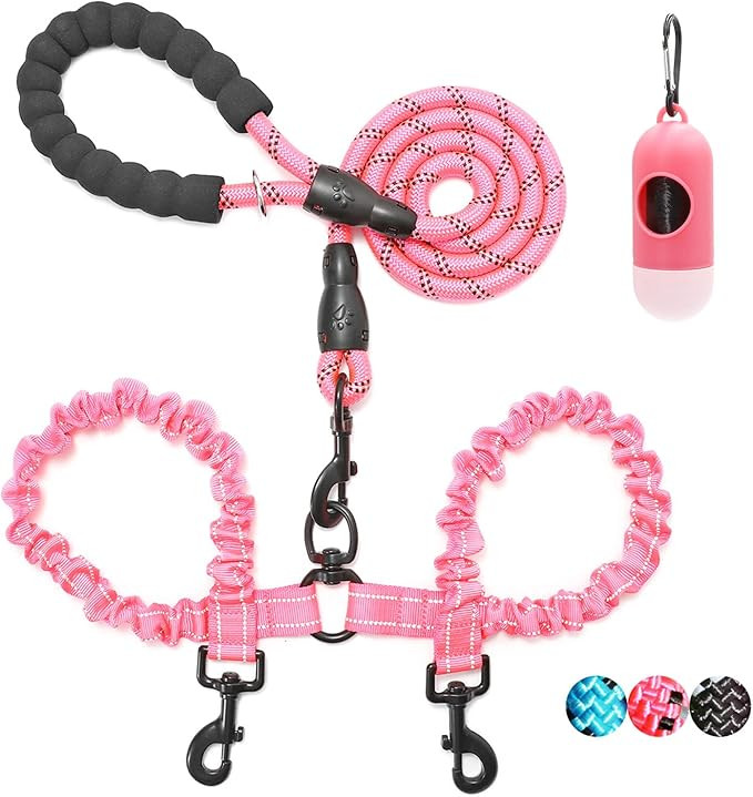 BAAPET Double Dog Leash, 4 FT Rope Dog Leash with Tangle Free Shock Absorbing Bungee and Poop Bag... | Amazon (US)
