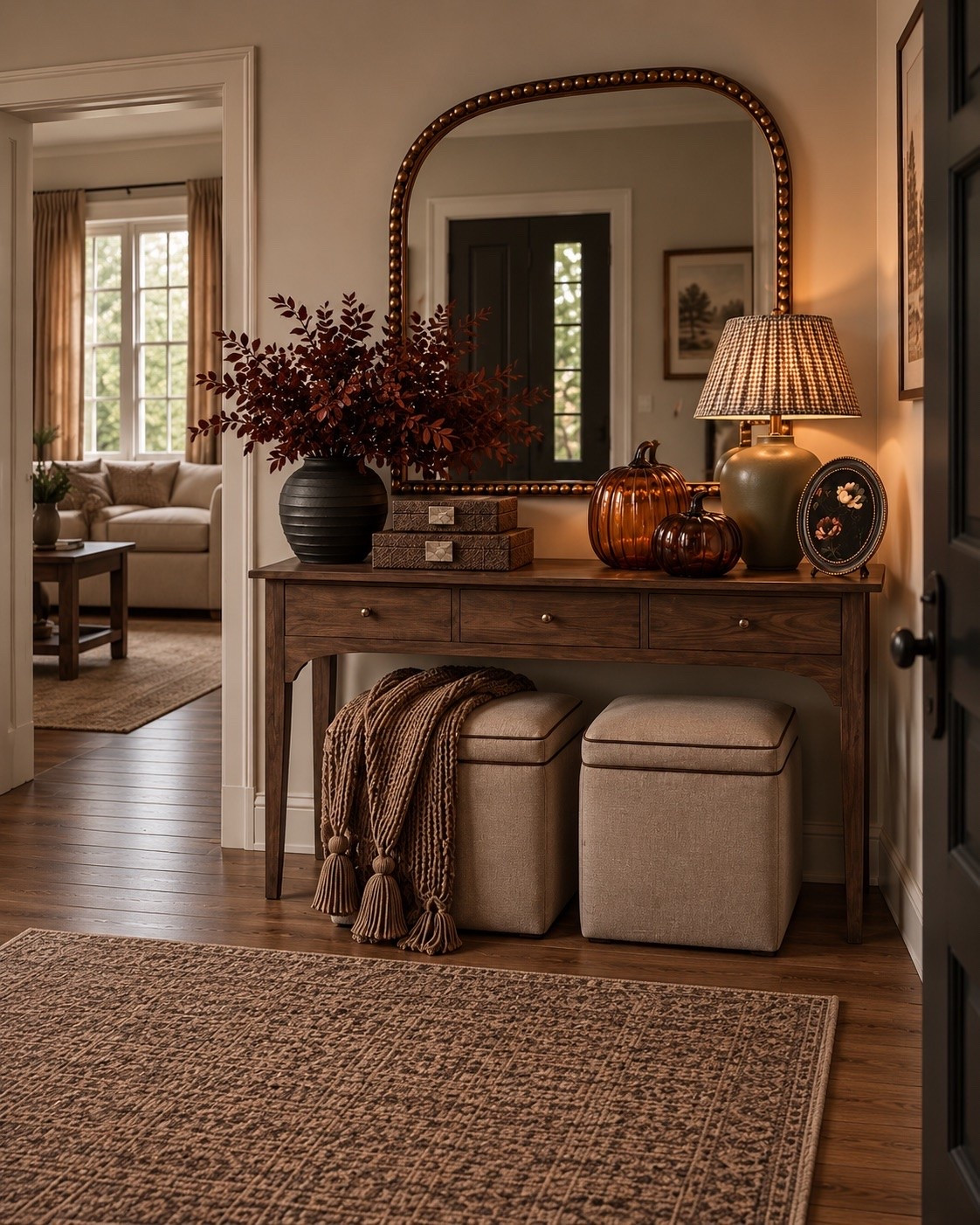 Fall console table decorating ideas 🤎 I mixed affordable fall home finds with everyday modern organic decor to create this warm, collected entryway. The amber pumpkins, fall stems, arched mirror, gingham lamp and wood console are perfect for transitioning your home into fall.

#LTKSaleAlert #LTKHome #LTKSeasonal