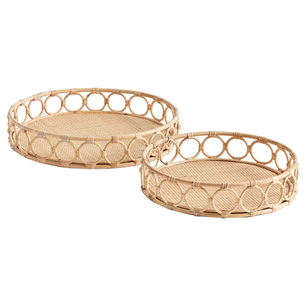 Elsie Coastal Beach Natural Rattan Round Decorative Tray - Set of 2 | Kathy Kuo Home