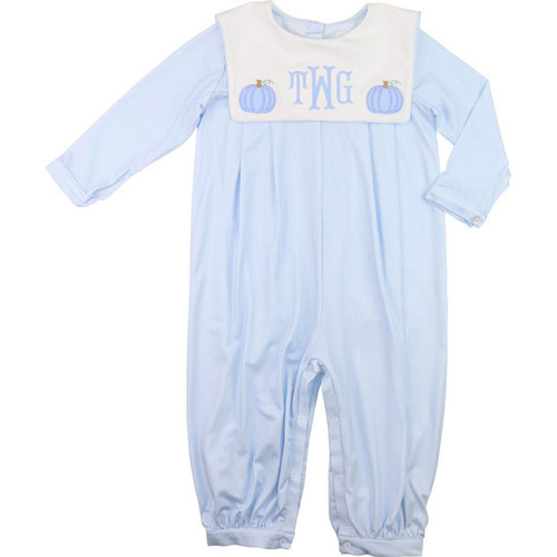 Blue Knit Gingham Applique Pumpkin Long Romper | Cecil and Lou