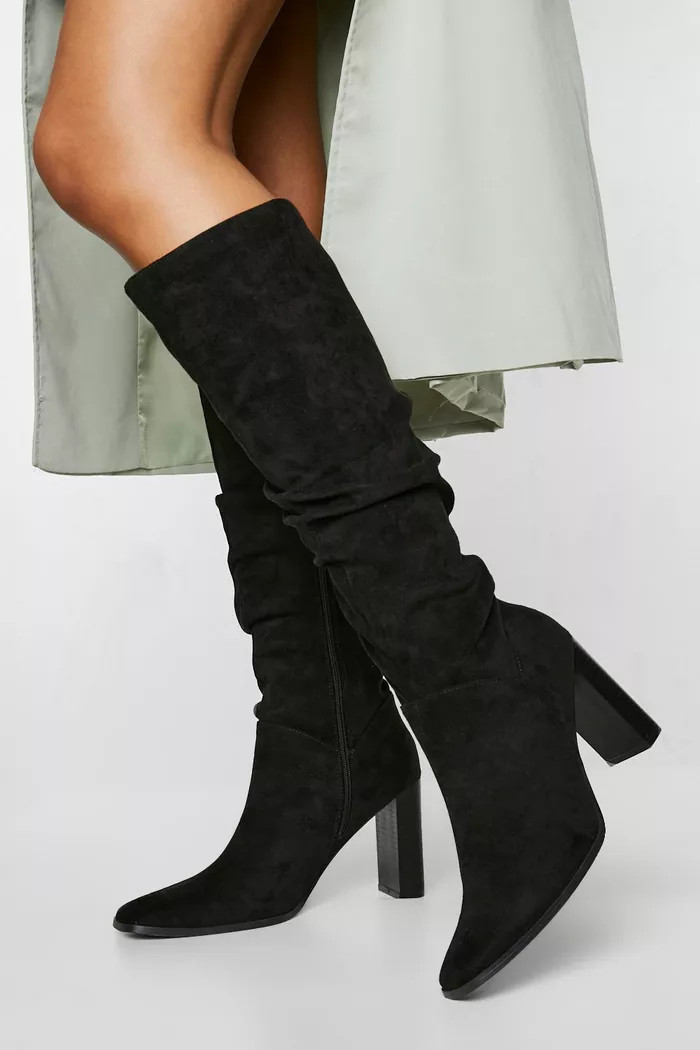 Ruched Block Heel Knee High Boot | Boohoo.com (UK & IE)