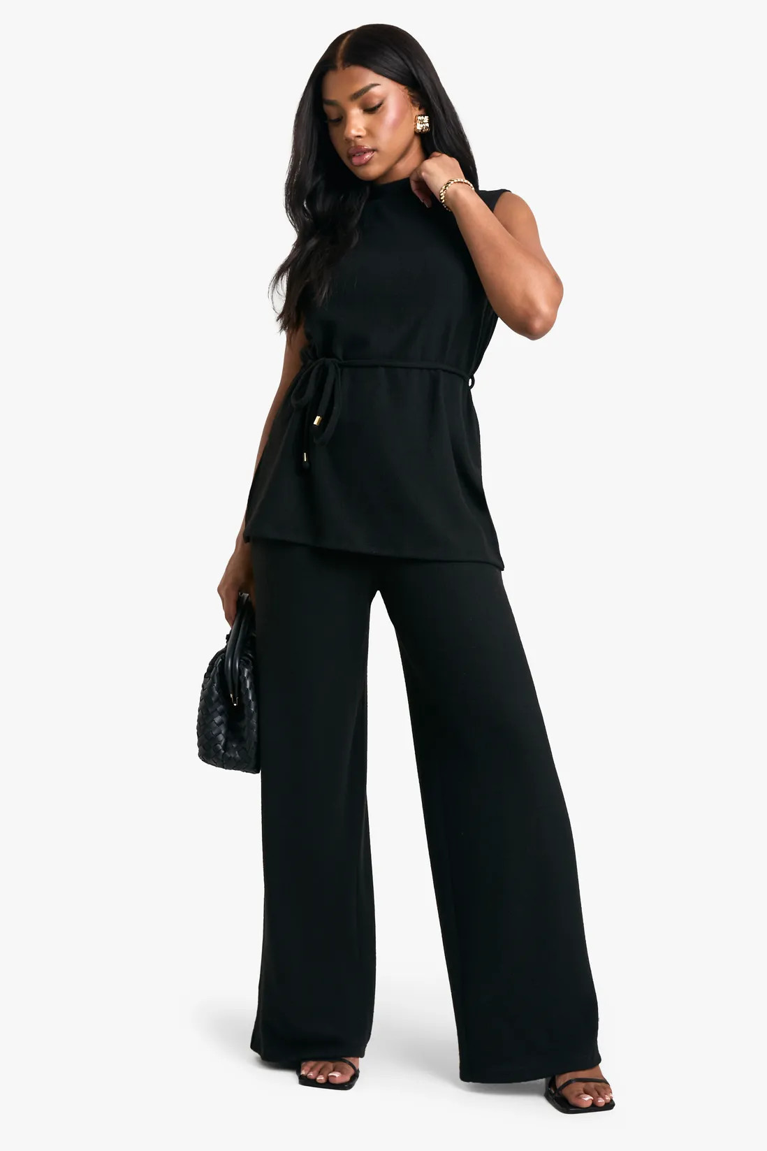 Trouser Co-ords | Brushed Tunic Tie Belt Top And Wide Leg Trouser | boohoo | Debenhams UK
