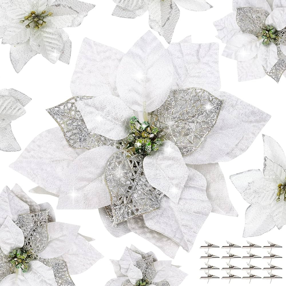 DIYASY 20 Pcs Silvery Poinsettia Flowers for Christmas Tree, Silvery Glitter Artificial Flowers D... | Amazon (US)