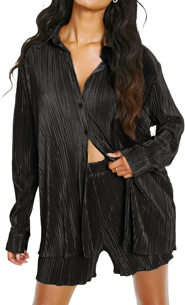 Ekouaer Pleated Sets for Women 2 Piece Lounge Shorts Set Long Sleeve Button Down Shirts Outfits | Amazon (US)