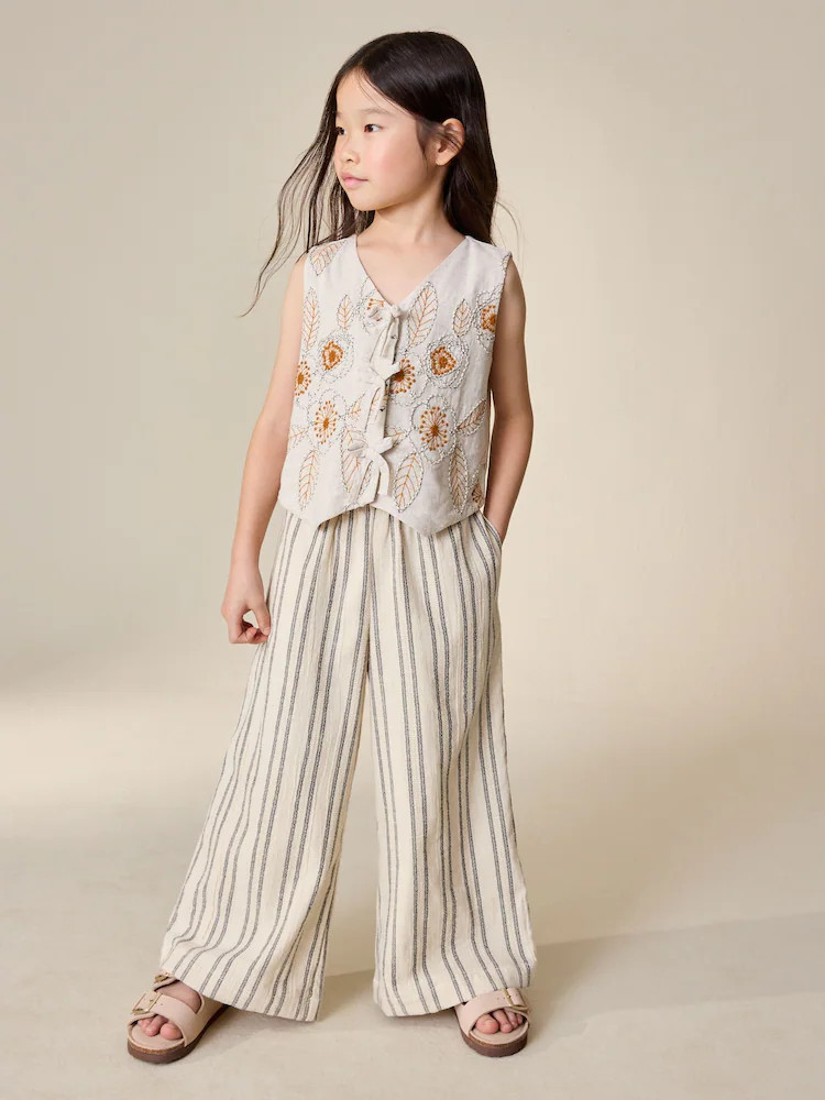 Neutral Embroidered Waistcoat and Wide Leg Trousers Set (3-16yrs) | Next US