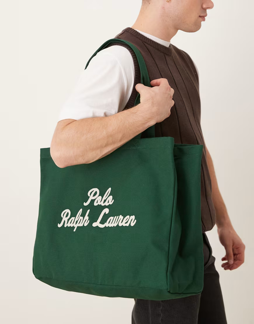 Polo Ralph Lauren script logo large canvas tote bag in dark green | ASOS (Global)