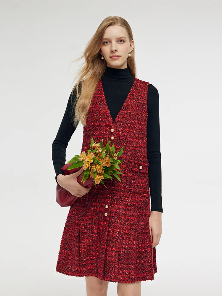 Wool Blend Tweed Mini Dress And Knit Top Two-Piece Set | GOELIA