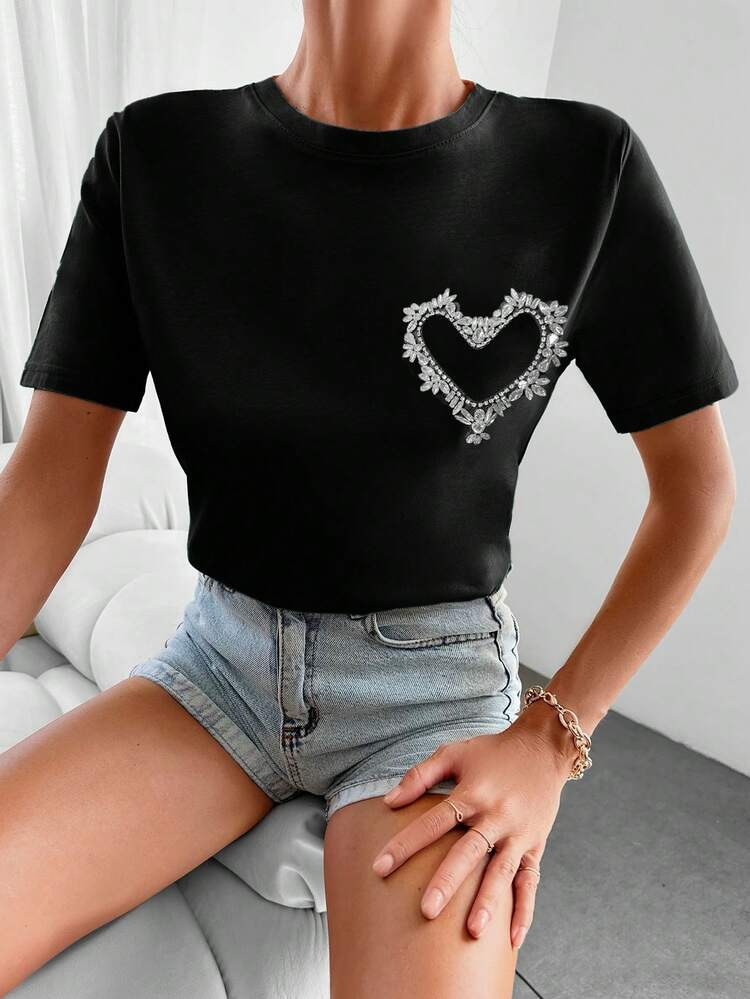 RueChic Rhinestone Detail Tee | SHEIN