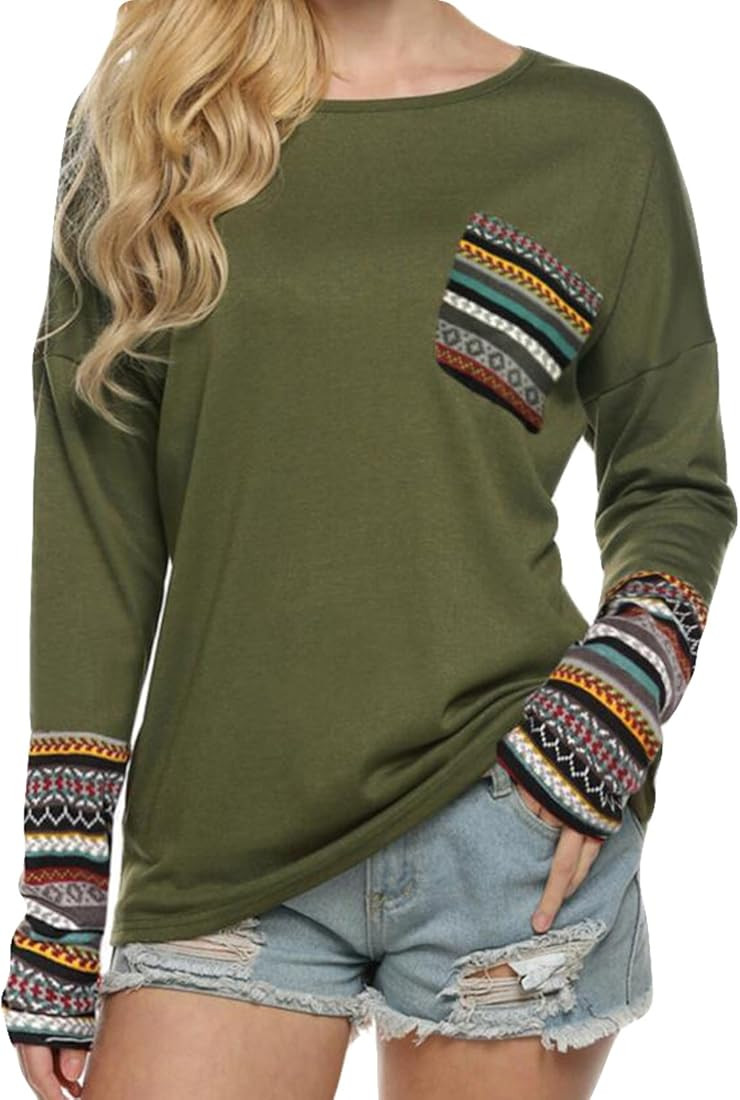 POGTMM Women's Fall Long Sleeve Tops O-Neck Patchwork Basic T-Shirts Blouse Tunic Tops wit…See more | Amazon (US)