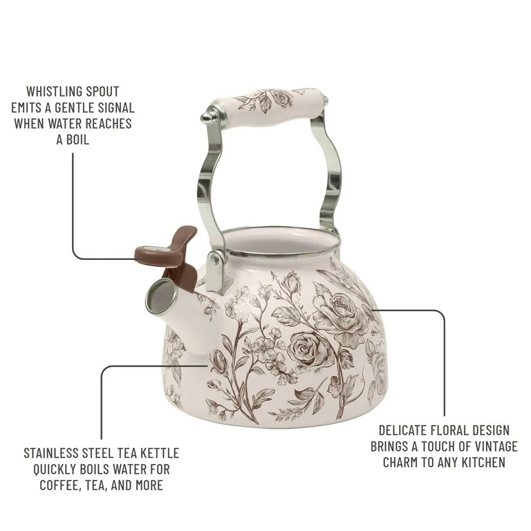 The Pioneer Woman Agatha 2.0-Quart Whistling Tea Kettle, Enamel on Steel, Brown | Walmart (US)