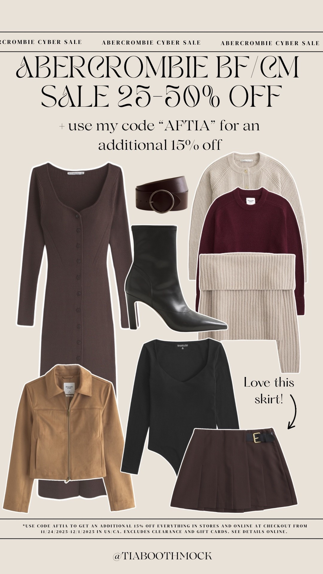 #AbercrombiePartner Cute fall picks from @Abercrombie! Shop everything up to 50% off plus 15% off using my stackable code “AFTIA” 🤎

 *Offer valid in stores and online from 11/24/2025- 12/1/2025 in US/CA. Excludes clearance and gift cards. Online price reflects discount. 
*Use code AFTIA to get an additional 15% off everything in stores and online at checkout from 11/24/2025-12/1/2025 in US/CA. Excludes clearance and gift cards. See details online*

#LTKCyberWeek #LTKHoliday #LTKSaleAlert