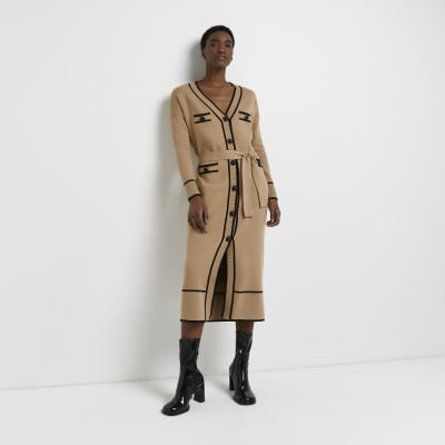Brown knitted cardigan midi dress | River Island (UK & IE)