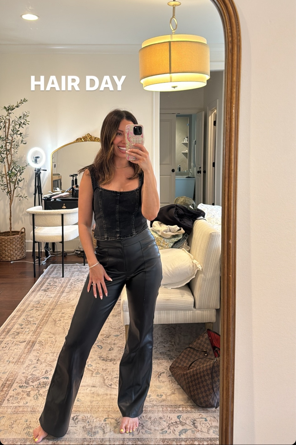 Hair day outfit details!! 

Black on black, leather pants, how to wear leather, mom style, mom of four, spring style, seasonal 

#LTKstyletip #LTKSeasonal #LTKworkwear